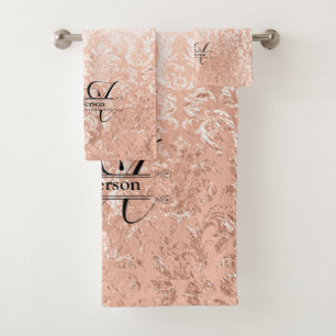 Conjunto De Toalhas Damasco Personalizado Monograma em Ouro Rosa