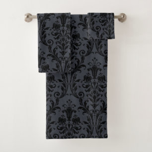 Conjunto De Toalhas Damasco Preto Com Cinza De Carvão