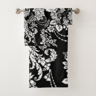 Conjunto De Toalhas Damasco preto e branco.