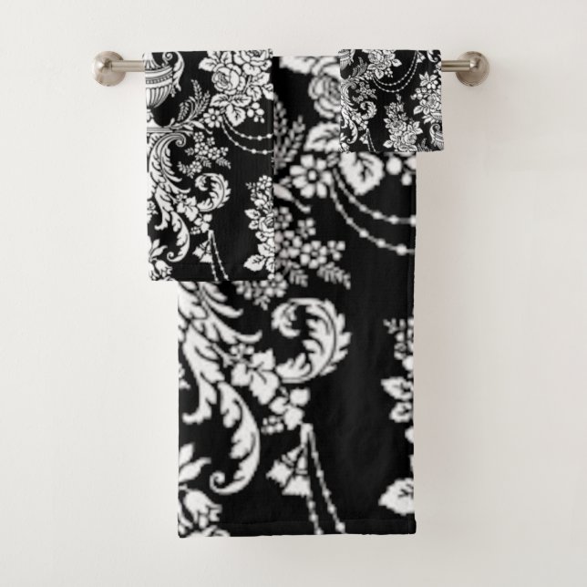 Conjunto De Toalhas Damasco Preto e Branco. (Insitu)