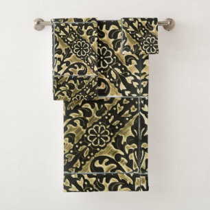 Conjunto De Toalhas Damasco Preto e Dourado