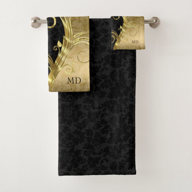 Conjunto De Toalhas Damasco Preto e Dourado (Insitu)
