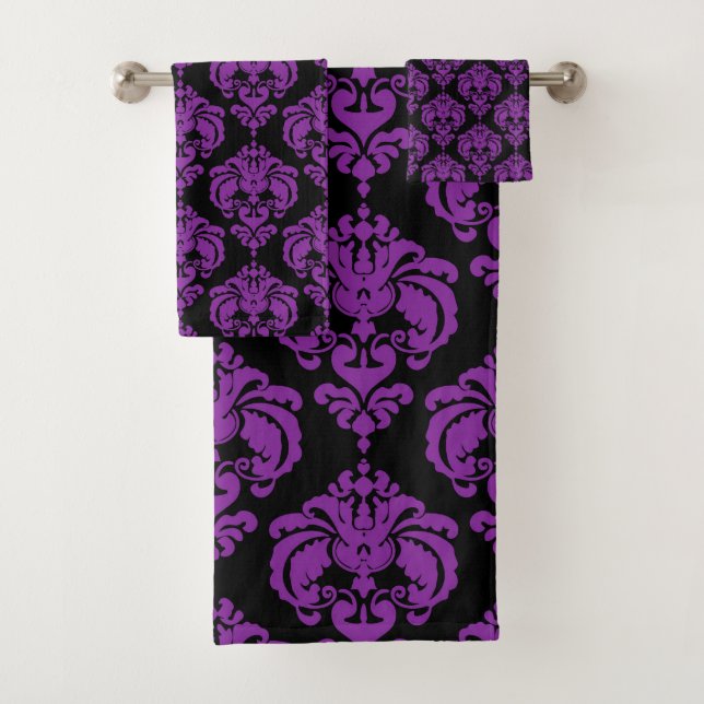 Conjunto De Toalhas Damasco Real de Glamour Roxo e Preto (Insitu)