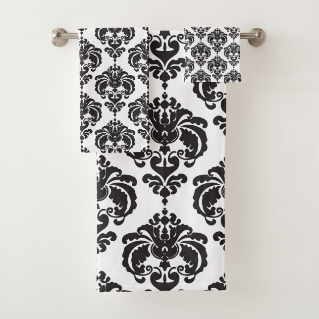 Conjunto De Toalhas Damasco Real Preto e Branco Glam (Insitu)