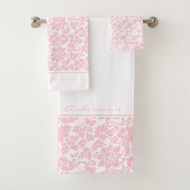 Conjunto De Toalhas Damasco Rosa E Branco (Insitu)