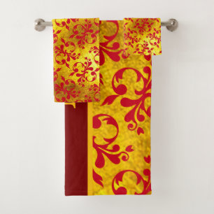 Conjunto De Toalhas Damasco vermelho elegante e textura Dourada