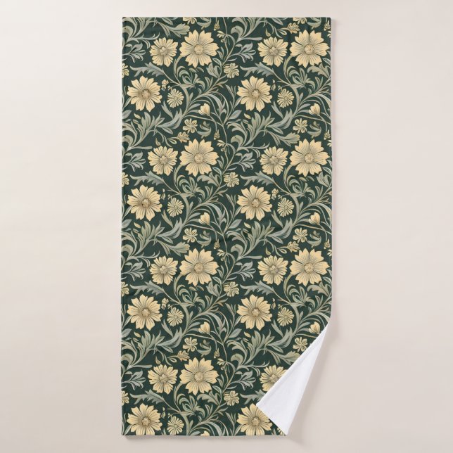 Conjunto De Toalhas Dark green stylized yellow flowers  pattern  (Toalha de Banho)