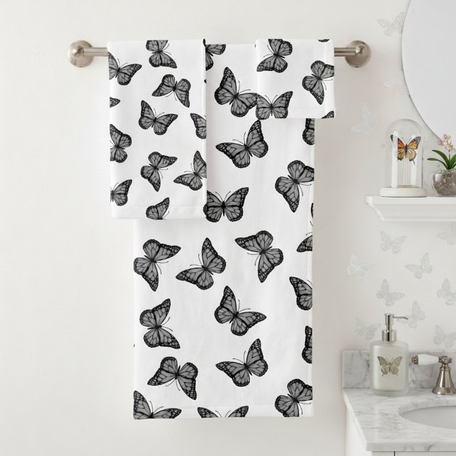 Conjunto de Toalhas de Banheiro Borboletas Preto e (Black and white bathroom towel set for butterfly lovers. 🦋)