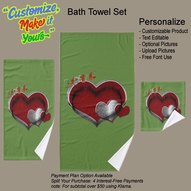 Conjunto de Toalhas de Banheiro Verde Magia do Cor (Heart Magic Bathroom Towel Set Featuring a Green Background.)