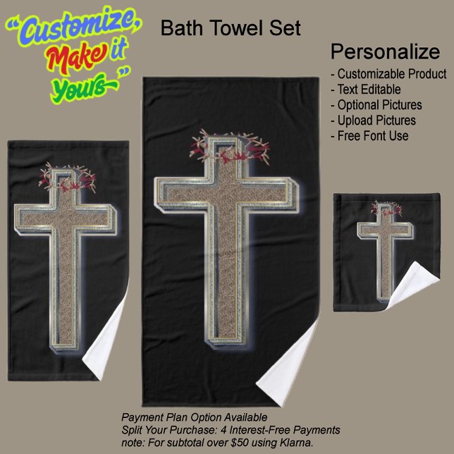 Conjunto de Toalhas de Banheiro Xadrez Fundo Preto (Cross Bathroom Towel Set Featuring a Black Background.)