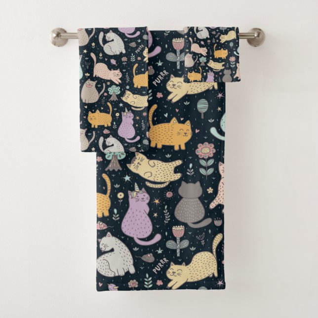Conjunto de Toalhas de Banho com Desenho de Gatos  (Insitu)