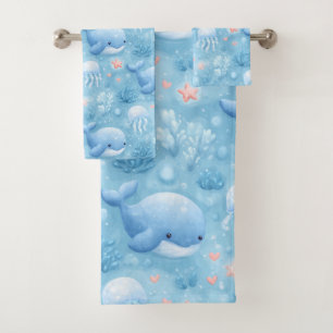 Conjunto de toalhas de banho de baleia azul claro