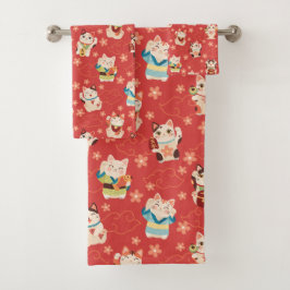 Conjunto de Toalhas de Banho Gatos da Sorte Maneki
