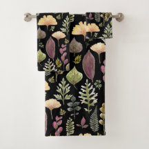 Conjunto de Toalhas de Banho Pretas de Folhas de O