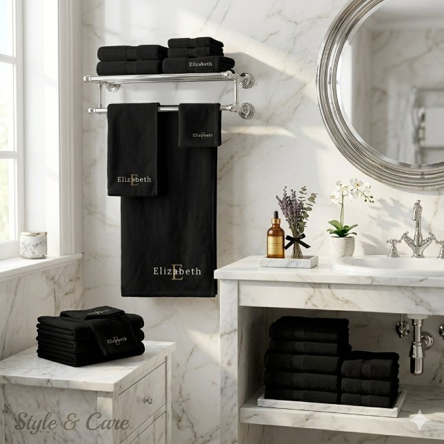 Conjunto de Toalhas de Banho Pretas Personalizadas (Elegant Custom Black Bath Towel Set – 3 Piece)
