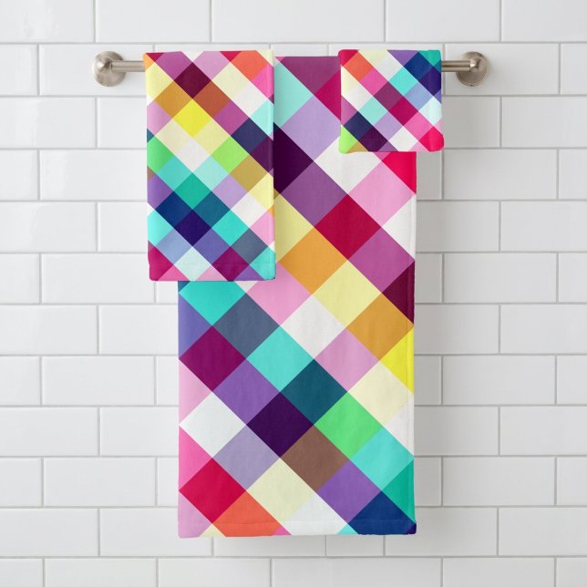 Conjunto de Toalhas de Banho Xadrez Arco-Íris Colo (Colorful Rainbow Plaid Bath Towel Set)