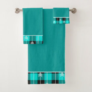 Conjunto de toalhas de banho xadrez e flechas verd