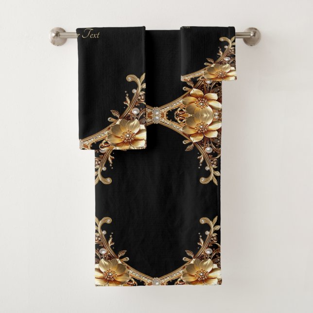 Conjunto de Toalhas de Flores Decorativas Douradas (Insitu)