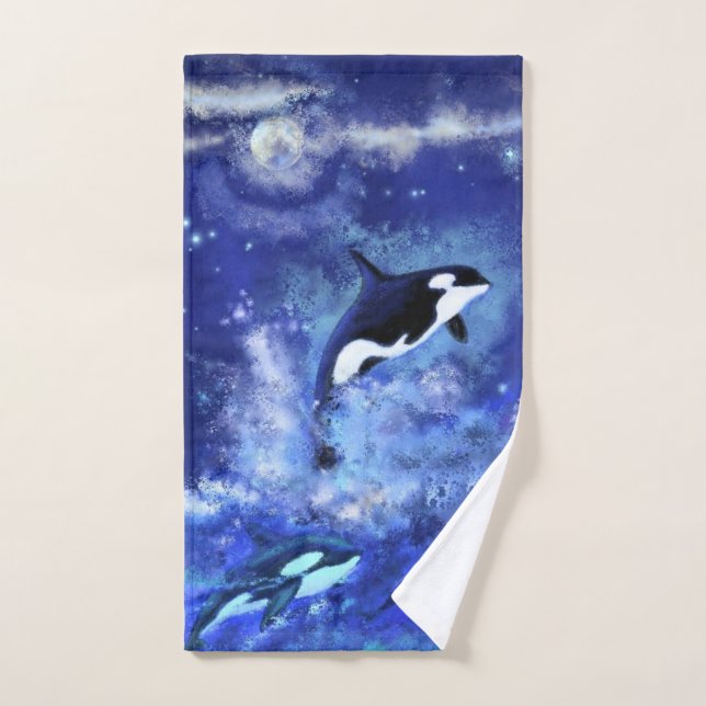 Conjunto de Toalhas de Lua Cheia Azul de Baleias A (Toalha de mão)