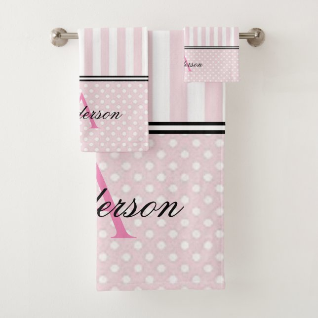 Conjunto de toalhas de monograma com tiras rosa e  (Insitu)