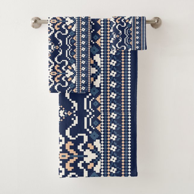 Conjunto de Toalhas de Padrão Étnico Azul-Marinho  (Insitu)