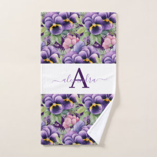 Conjunto de Toalhas de Pensées Roxo e Branco Monog