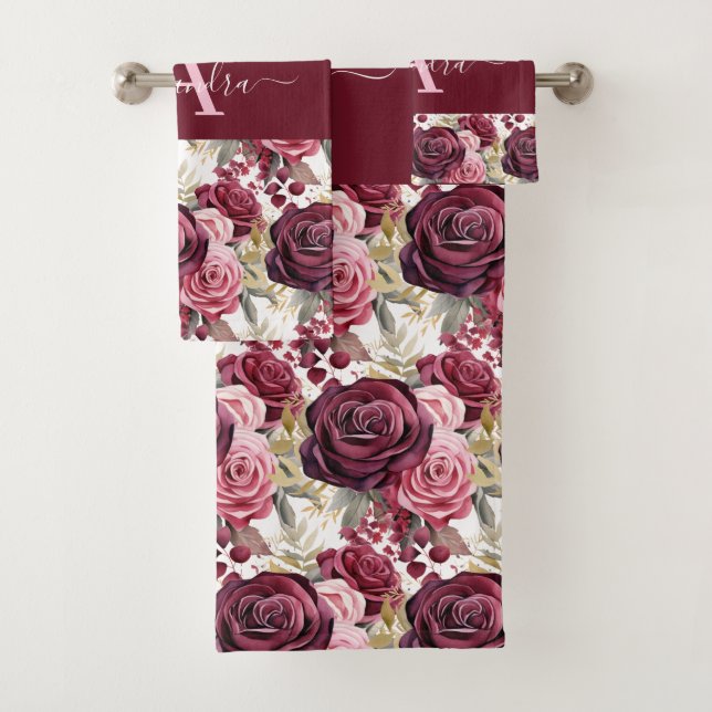 Conjunto de Toalhas de Rosas Roxas Burgundy Monogr (Insitu)