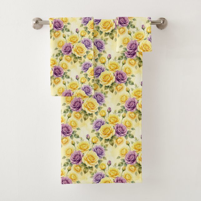 Conjunto de Toalhas de Rosas Roxas e Amarelas Chic (Insitu)