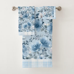 Conjunto de toalhas de Xadrez Floral Azul e Branco
