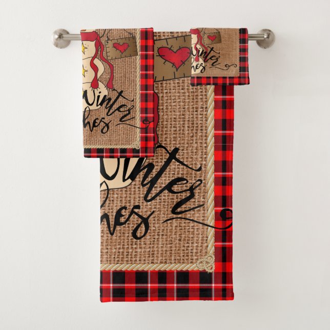 Conjunto De Toalhas Desejos quentes de inverno - Neve - Xadrez Vermelh (Insitu)
