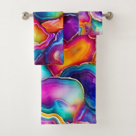 Conjunto De Toalhas Desenho Abstrato Colorido de Geodo de Ágata Arco-í