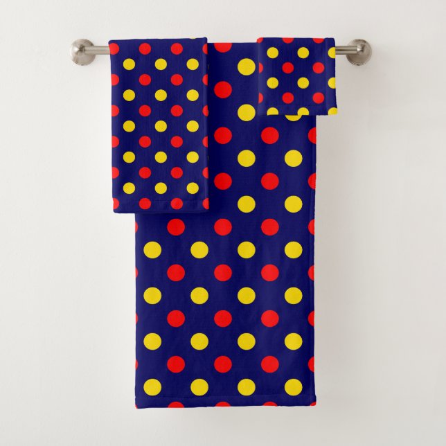 Conjunto De Toalhas Desenho de bolinhas vermelhas e amarelas em azul-m (Insitu)