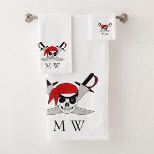 Conjunto De Toalhas Desenho de Caveira de Pirata e Espadas Monogramado