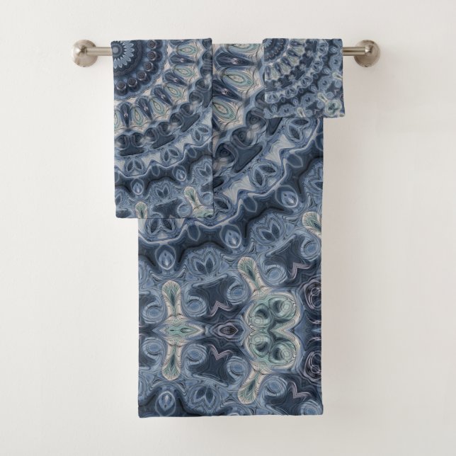 Conjunto De Toalhas Desenho de Mandala Azul e Prateado (Insitu)