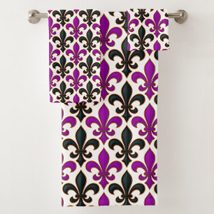 Conjunto De Toalhas Desenho de padrão Barroco Flor-de-lis Preto Roxo