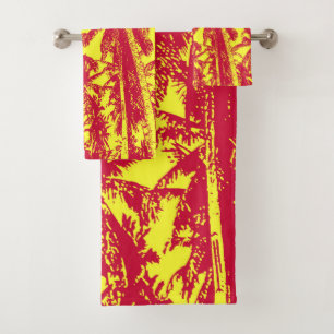 Conjunto De Toalhas Desenho de Palmeiras Tropicais. Vermelho e amarelo