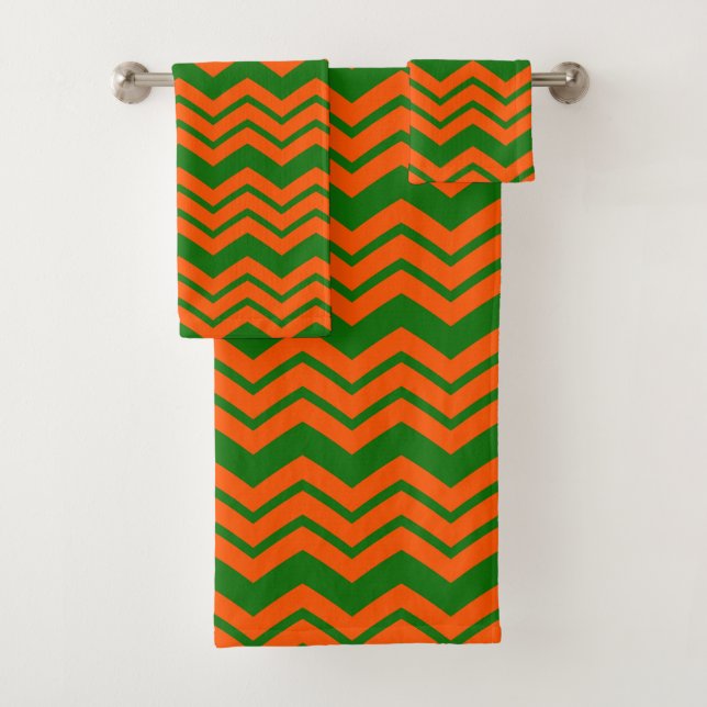 Conjunto De Toalhas Desenho de Ziguezague Chevron Verde Laranja  (Insitu)