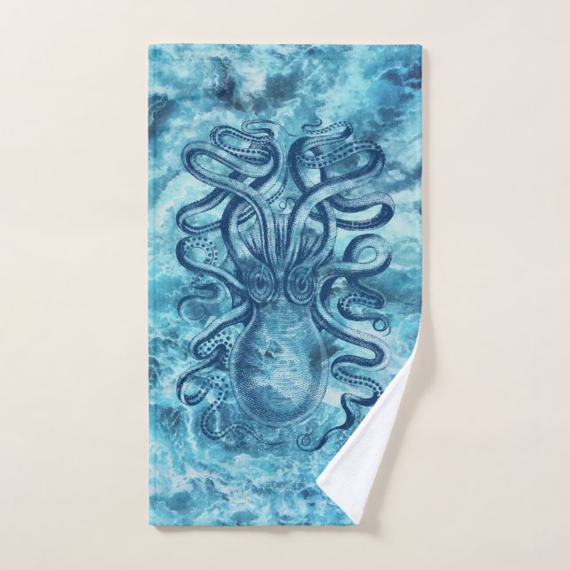 Conjunto De Toalhas Desenho Gráfico de Ondas e Octopus do Mar Azul (Toalha de mão)