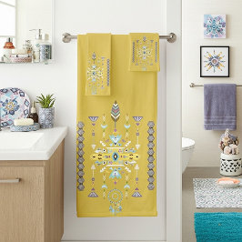 Conjunto De Toalhas Desenho tribal amarelo e verde