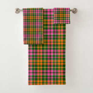 Conjunto De Toalhas Desenho Xadrez Tartan Verde Rosa Laranja
