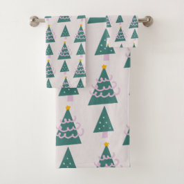 Conjunto De Toalhas Desenhos de Árvores Fofas Rosa Verde
