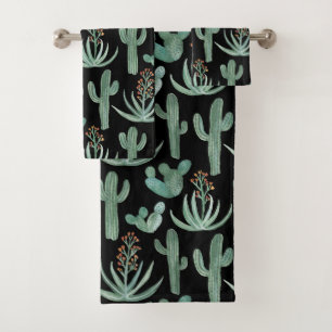 Conjunto De Toalhas Deserto Cactus Suculent Watercolor Padrão Preto