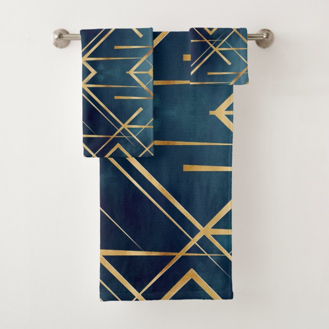 Conjunto De Toalhas Design Azul Geométrico Dourado Moderno (Insitu)