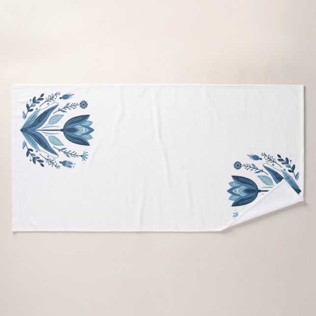 Conjunto De Toalhas Design Botânico Rustic Blue Tulip Flower Folk (Toalha de Banho)