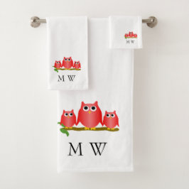 Conjunto De Toalhas Design de Corujas Vermelhas Monogramadas