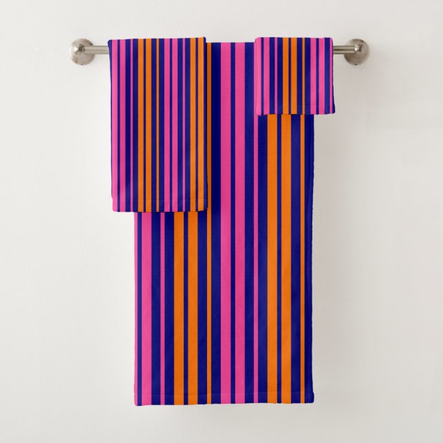 Conjunto De Toalhas Design de Listras Verticais Laranja Azul Rosa   (Insitu)