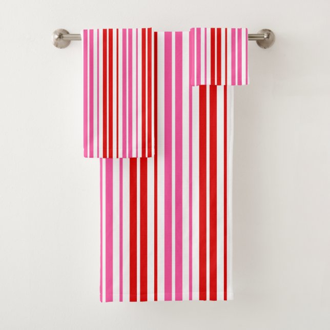 Conjunto De Toalhas Design de Listras Verticais Rosa Branco Vermelho (Insitu)