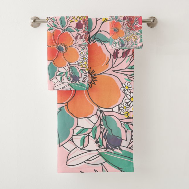 Conjunto De Toalhas Design de mão floral rosa giro, bonito (Insitu)