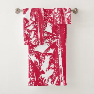 Conjunto De Toalhas Design de Palmeiras Tropicais. Vermelho e branco.
