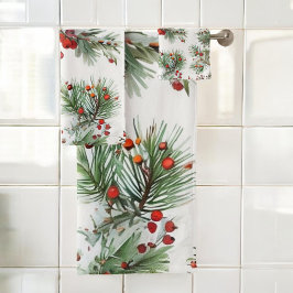 Conjunto De Toalhas Design de pinheiro e Berries vermelhos feriados